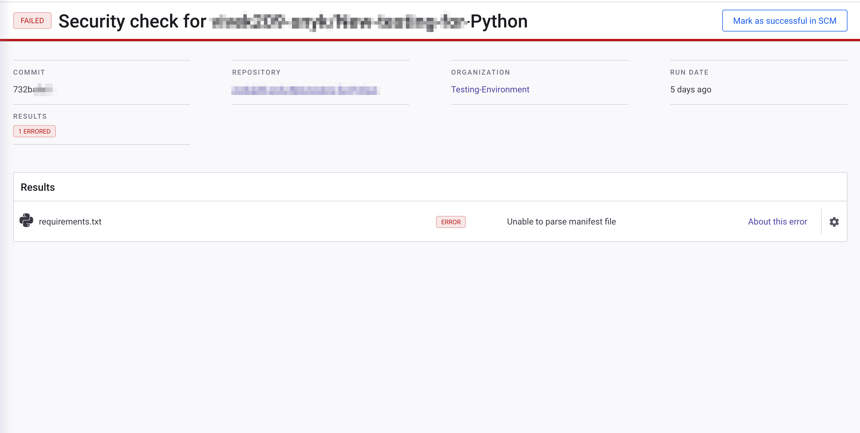 Unable to parse manifest file for requirements.txt file in PR check ...